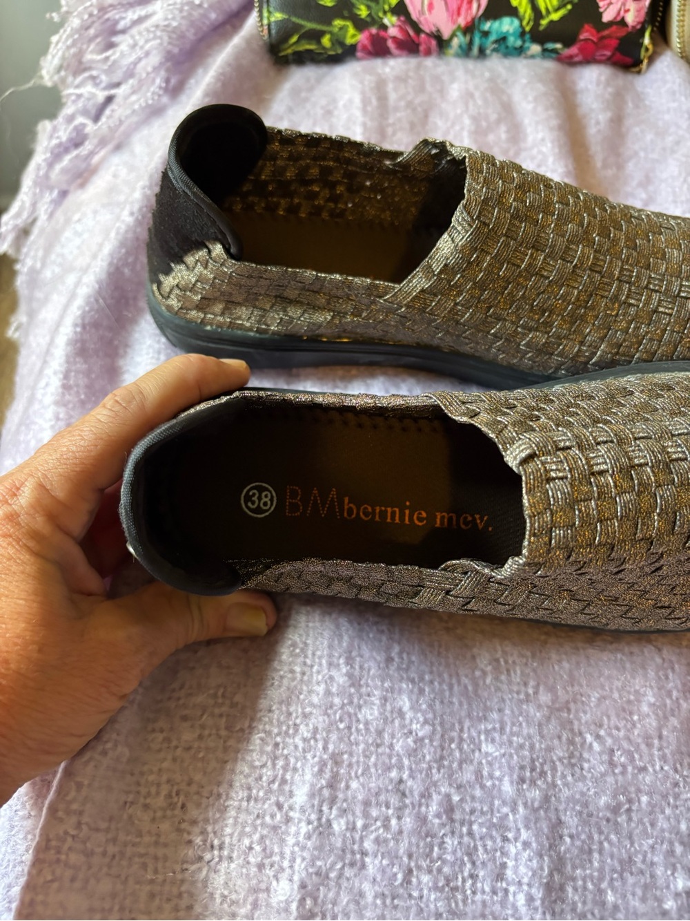 bernie mev. Metallic Woven Slip-On Loafers —